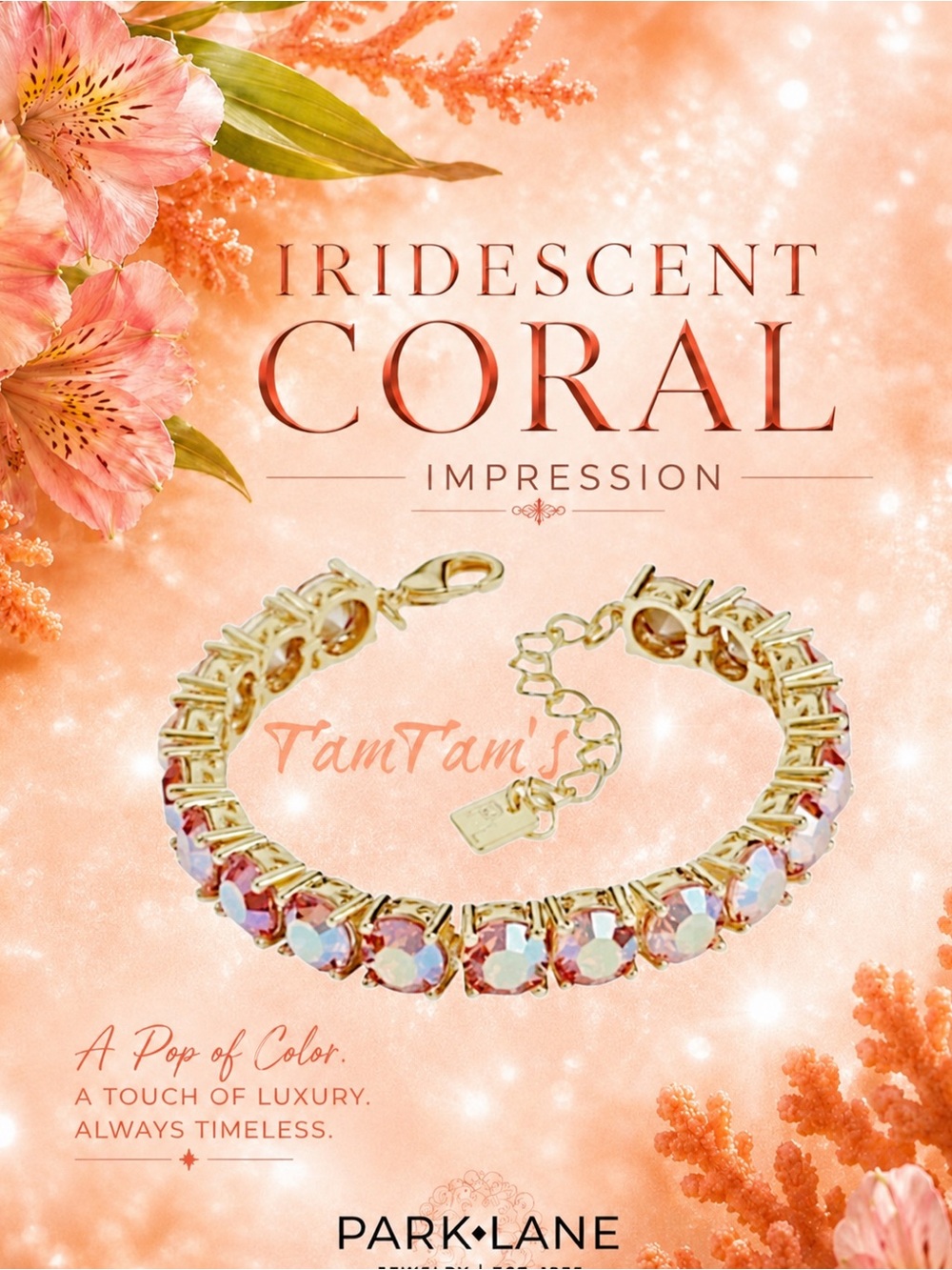 New Park Lane Iridescent Coral Impression Crystal Tennis Bracelet High Polished